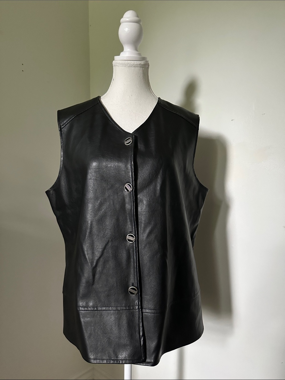 VIA MODA Vintage Black Faux Leather Western Moto Grunge Button Down Vest Sz 14